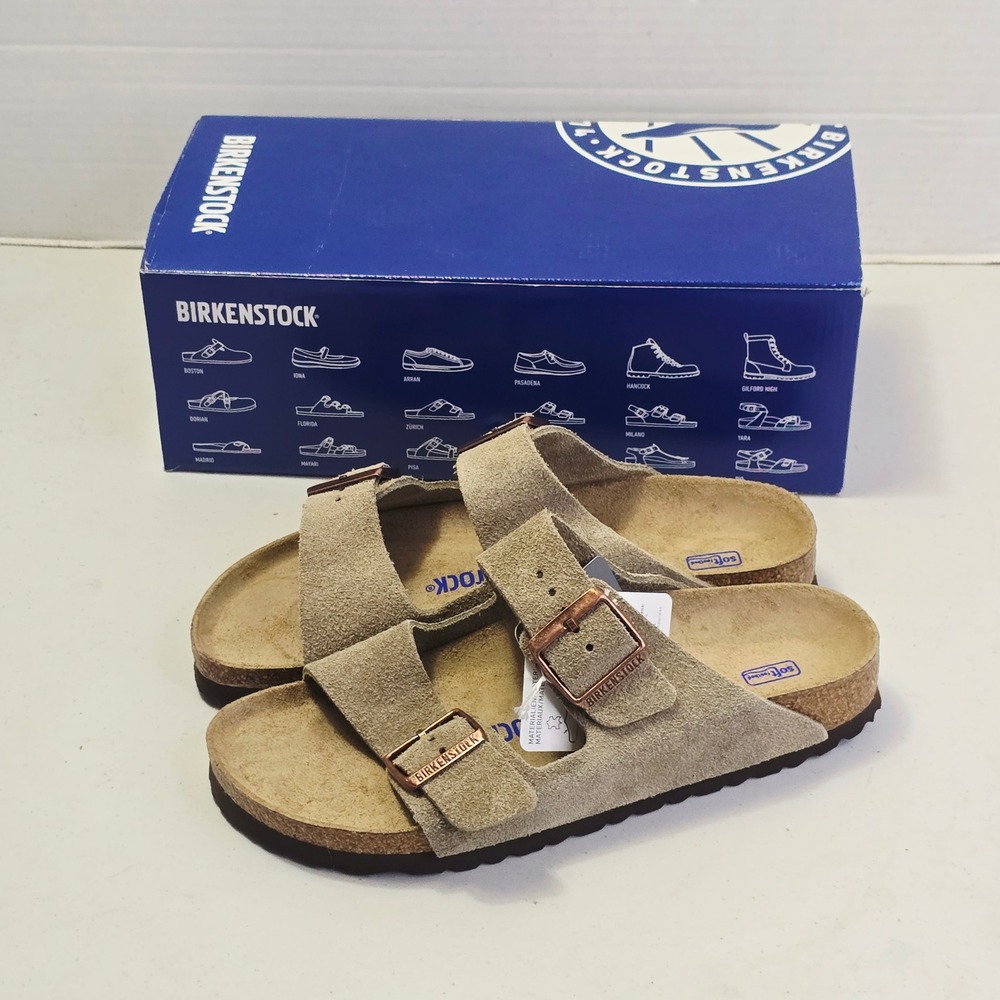 Birkenstock Women Arizona Sandals Size 8 Taupe Suede Soft Footbed Buckle Slides